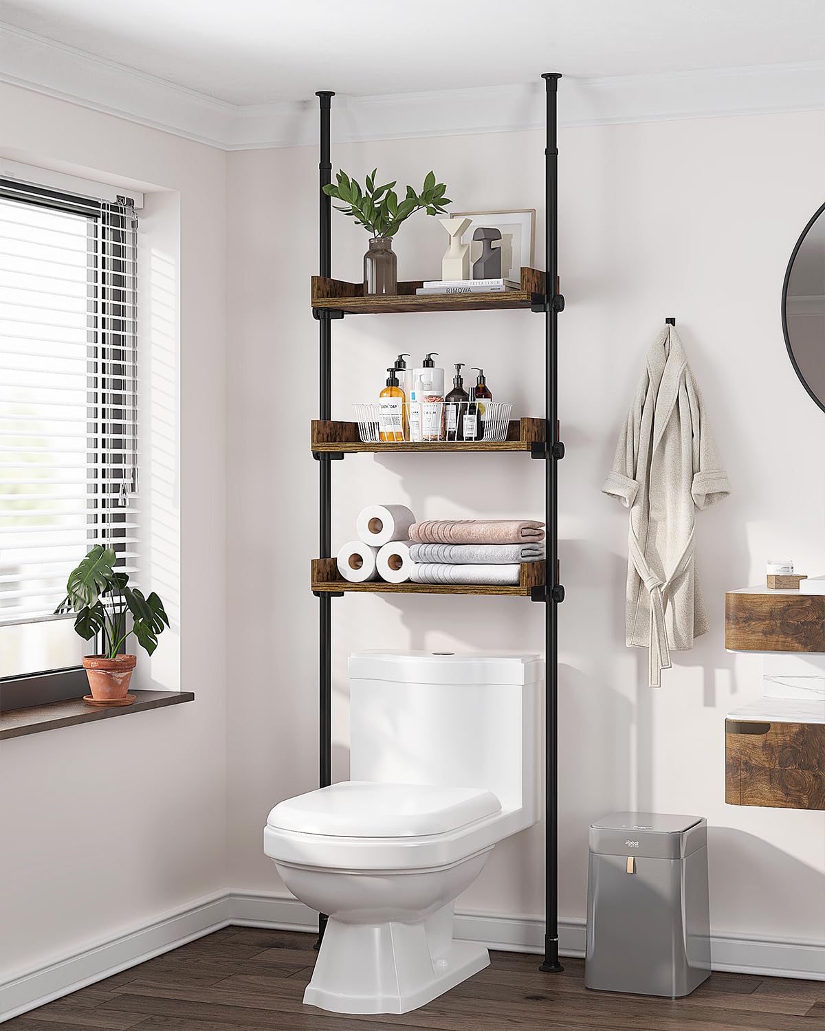 Allzone Adjustable Over The Toilet Storage Cabinet, Tension Mount Bathroom Organizers And Storage Over Toilet With 3 Tier Shelves, Over Toilet Bathroom Organizer Fit 92-116 Inch Tall, Rustic Brown