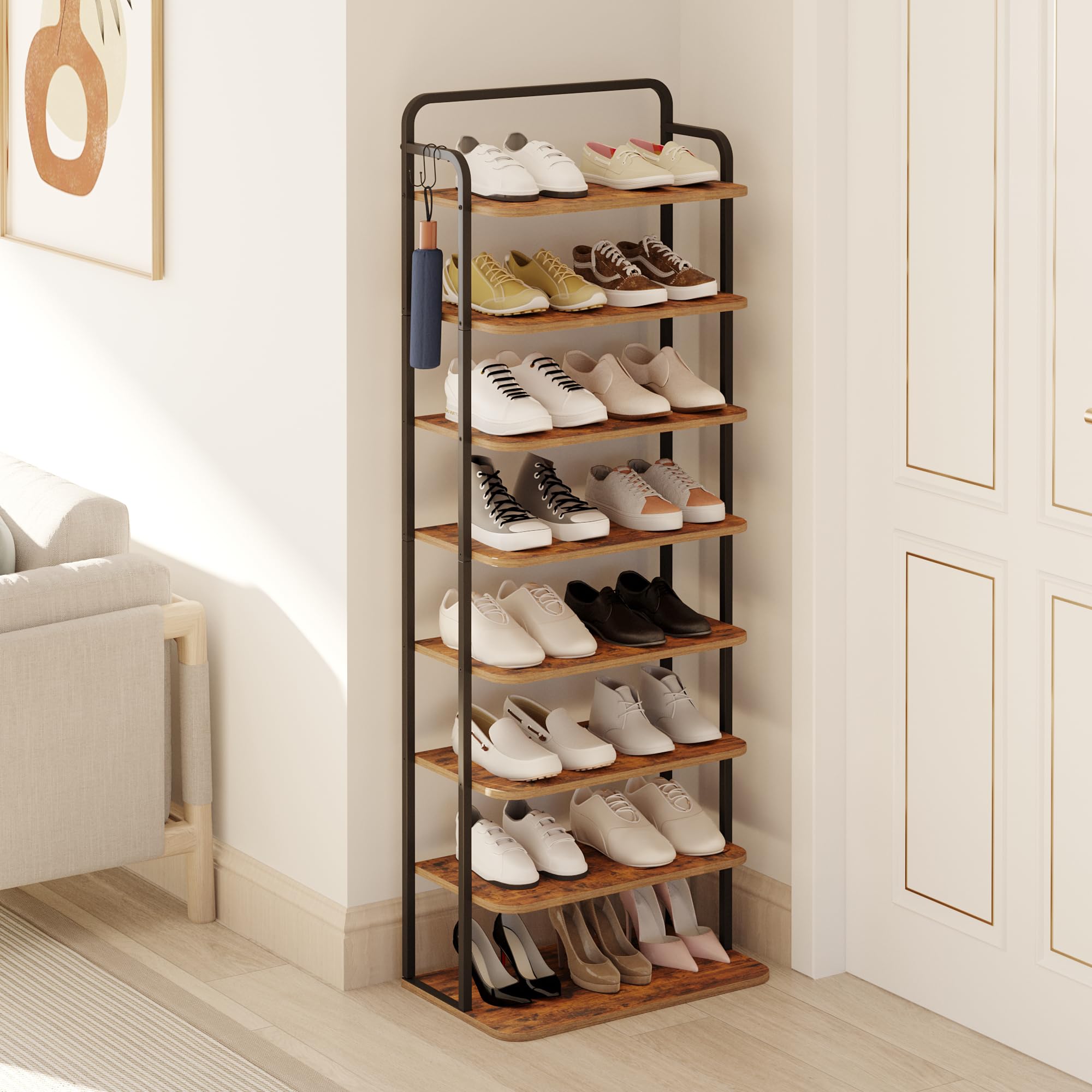 Hzuaneri Vertical Shoe Rack, Shoe Shelves, Wood Shoe Organizer For Closet, Entryway, Shoe Tower For Small Spaces, Free Standing, Adjustable, With 2 Hooks, 8 Tier Rustic Brown Sr12501B