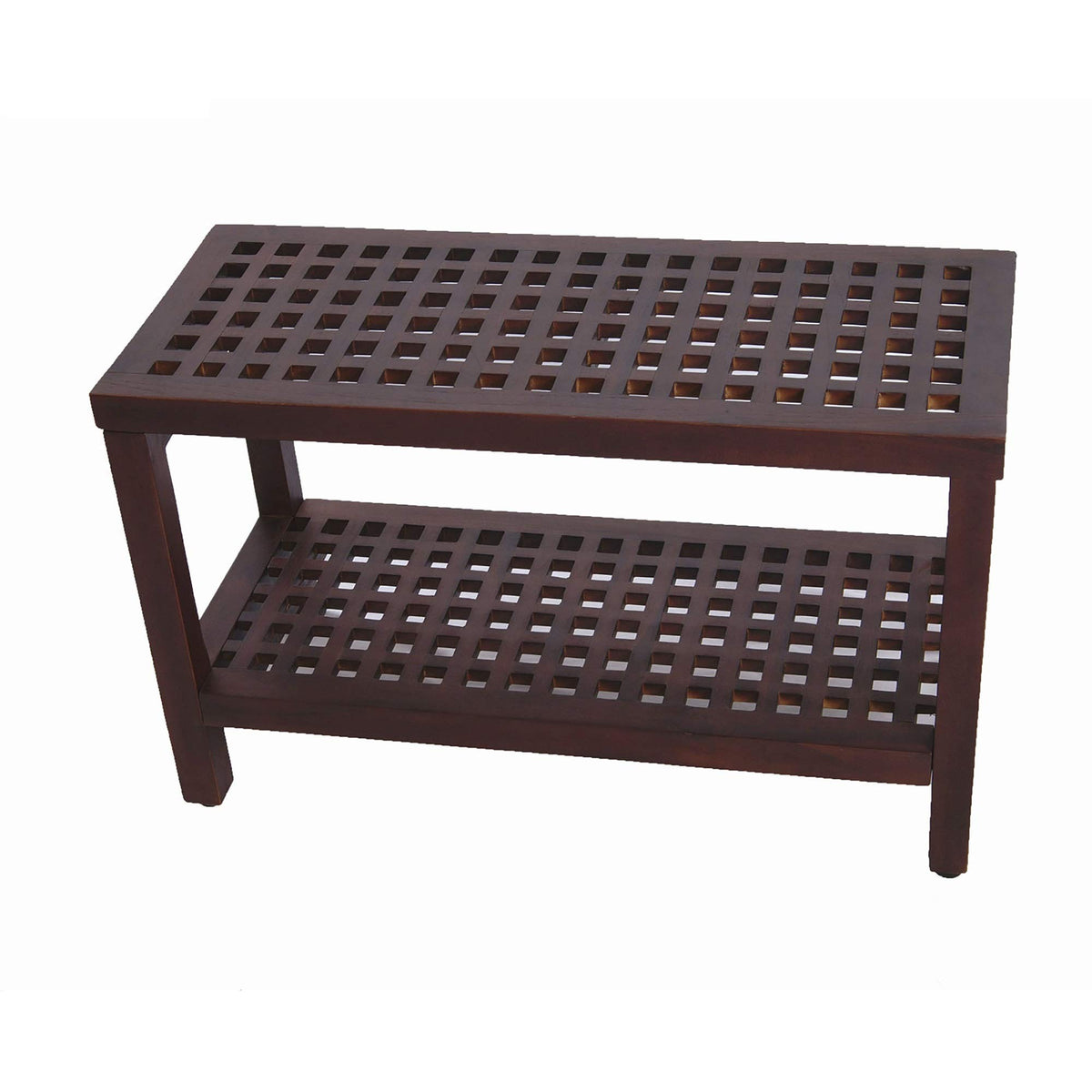 HomeRoots Lattice Teak Shower Bench with Shelf in Brown Finish