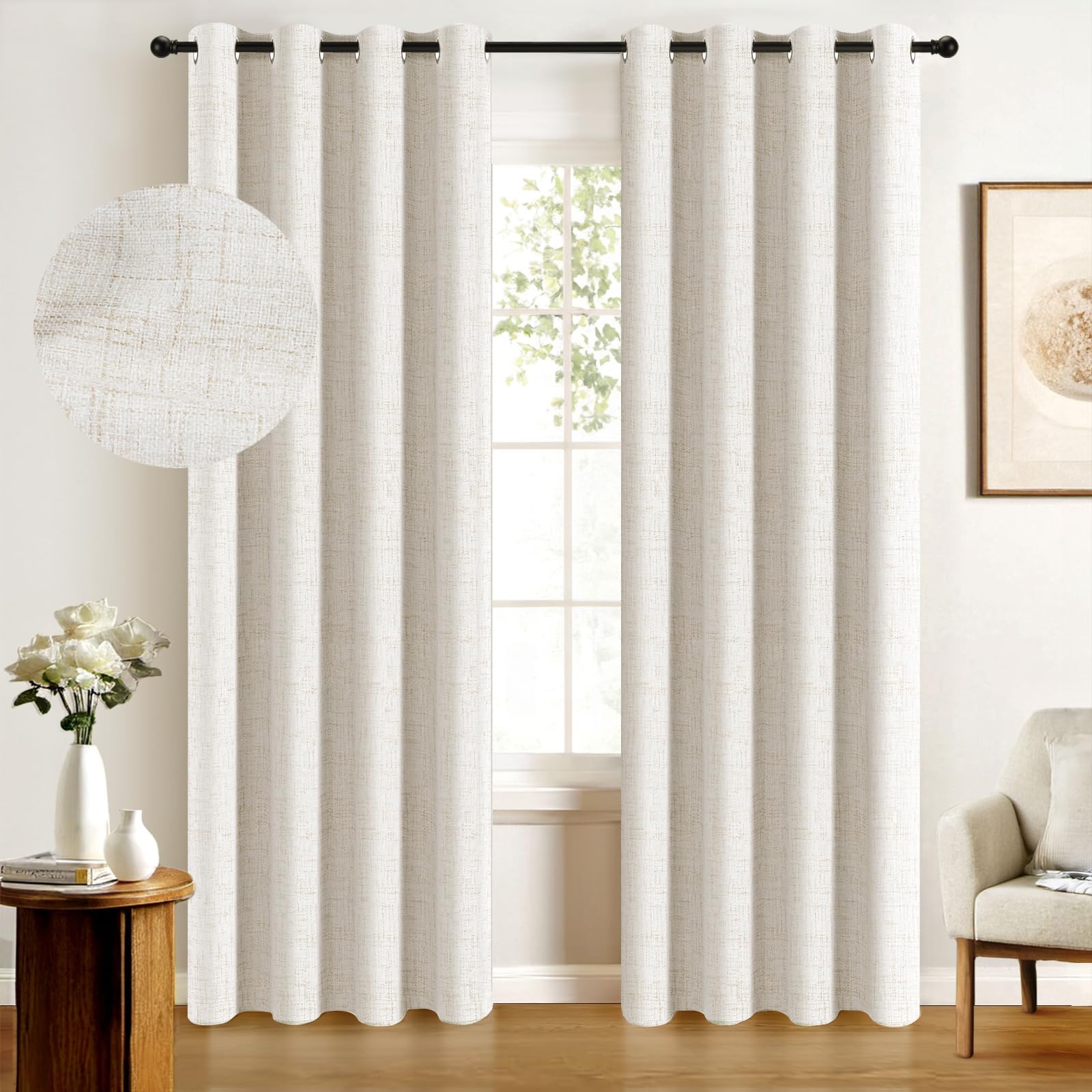 100% Blackout Shield Linen Blackout Curtains for Bedroom, Thermal Insulated Curtains 84 Inch Length 2 Panels Set, Grommet Drapes