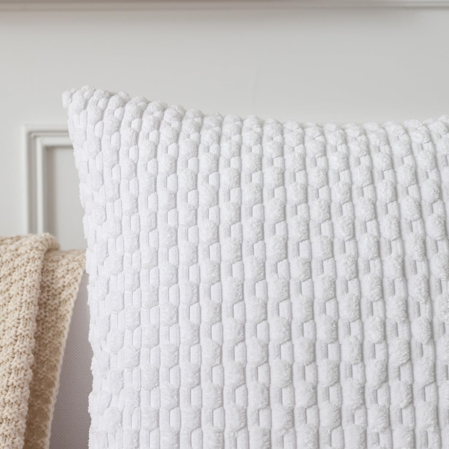 Kevin Textile Pack Of 2, Velvet Pillow Covers Striped Throw Cushion Case Set Accent Corduroy Lumbar Pillowcases With Hidden Zipper For Home Decor Indoor Outdoor (12'X20', Pure White)