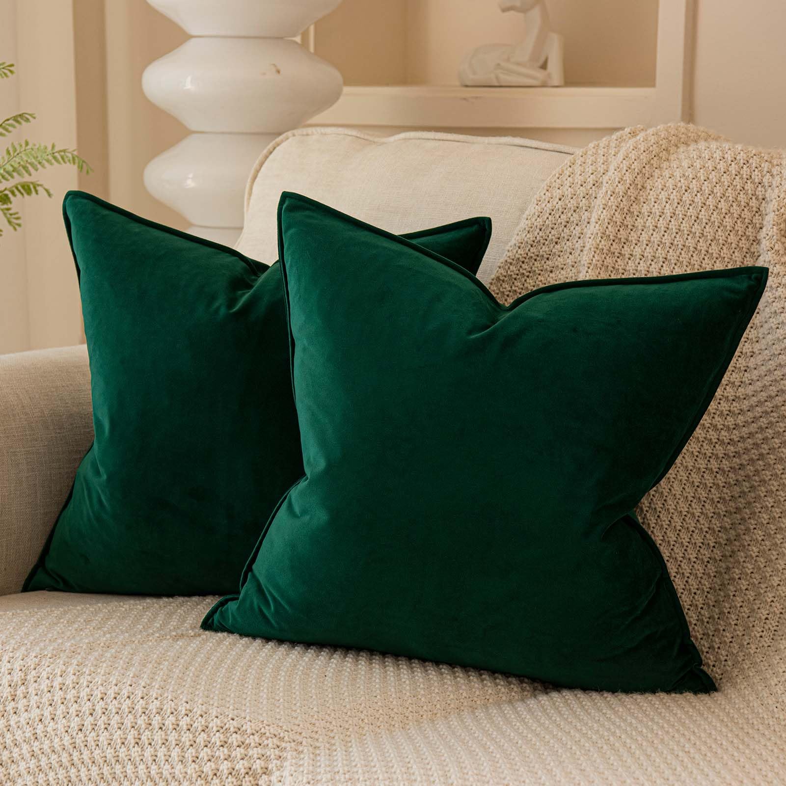 Juspurbet Dark Green Decorative Velvet Throw Pillow Covers 20X20 Inch Set Of 2,Broadside Soft Cushion Case With Invisible Zipper