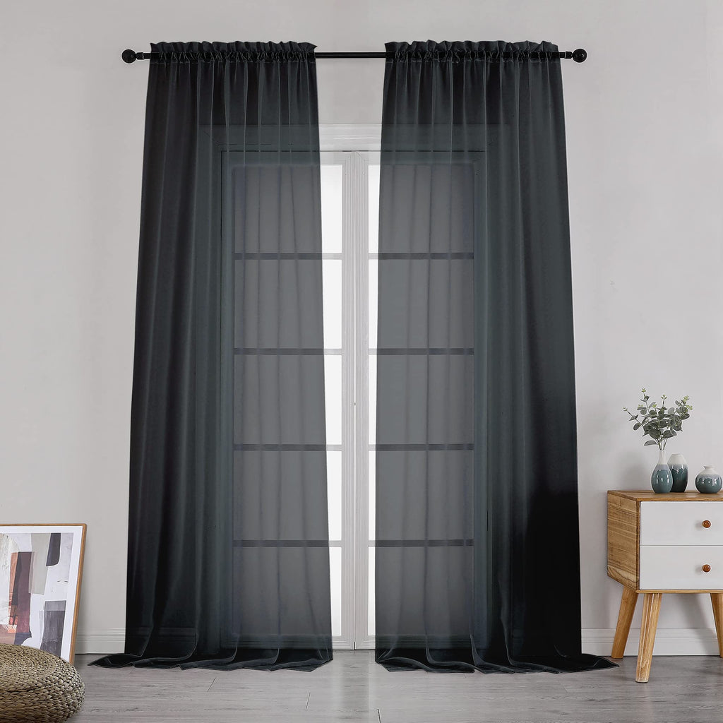 Simplebrand Black Sheer Curtains 108 Inches Long, Extra Long Rod Pocket Solid Color Window Sheer Curtain Panels, Elegant Curtain