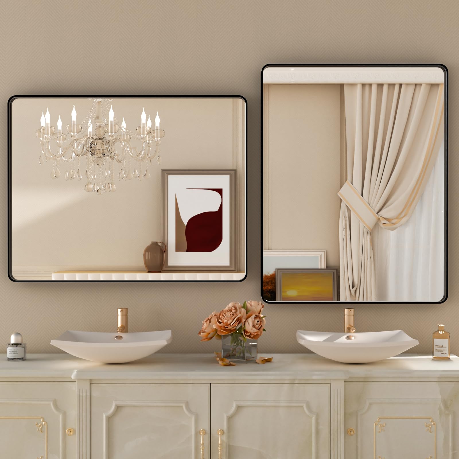 Istripmf Black Metal Framed Bathroom Mirror For Wall,32X36 Rounded Rectangle Mirror, Matte Black Bathroom Vanity Mirror Farmhous