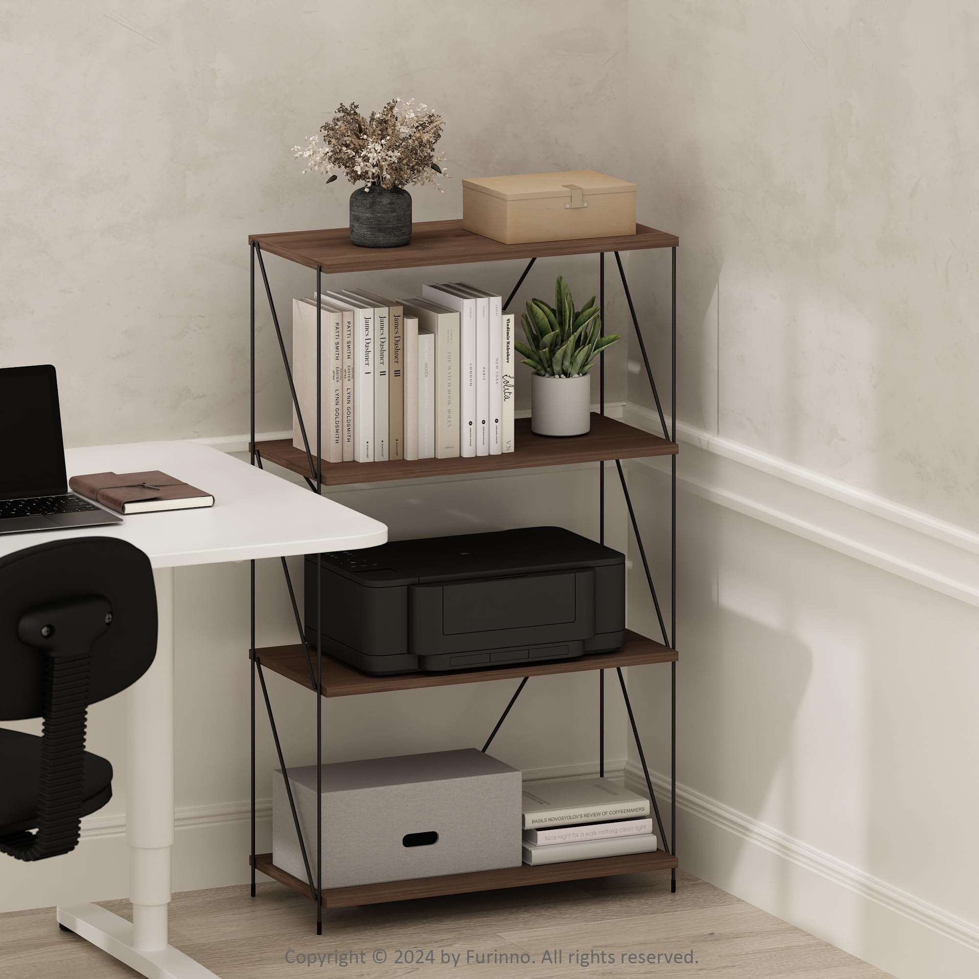 Furinno Wire 4-Tier Industrial Style Metal Frame Bookcase, Display Shelf, 24 Wide, Walnut Cove