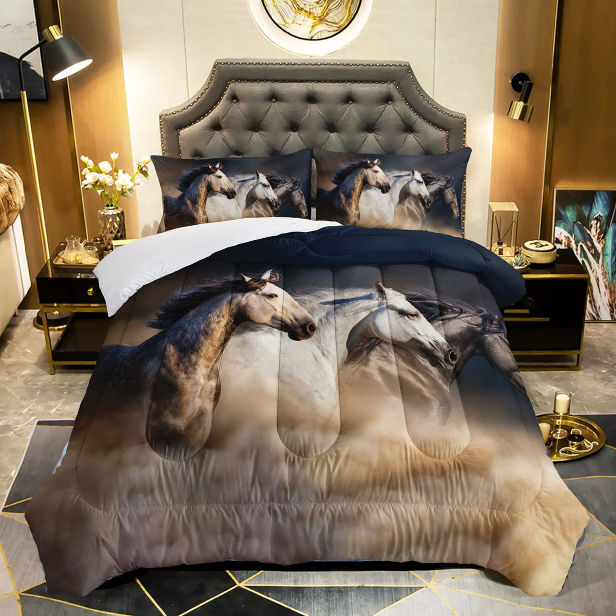 Qoomo Horse Comforter Full Size,Galloping Horse Comforter Set For Kids Teens Girls Boys,3Pcs Bedding Set Printed Comforter With