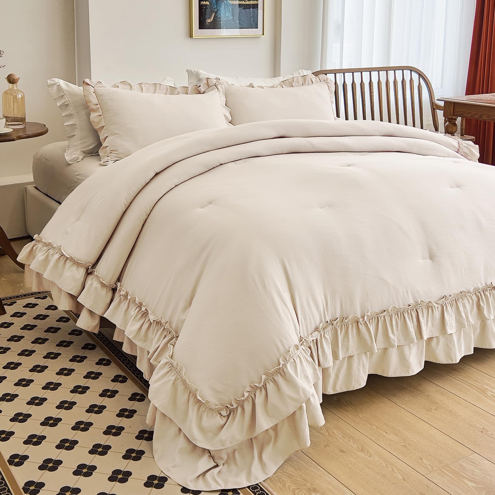 Aikasy Camel Ruffle Comforter Queen, 3 Pieces Vintage Ruffle Fringe Comforter, Farmhouse Rustic Microfiber Down Alternative Bedd