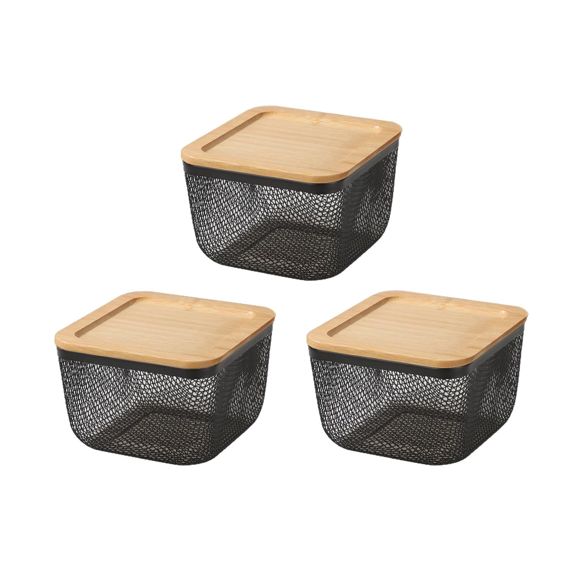 AJIODA Metal Mesh Steel Basket with Bamboo lid, 3 Pack Mini Metal Wire Storage Organizer Baskets Kitchen Baskets Countertop Frui