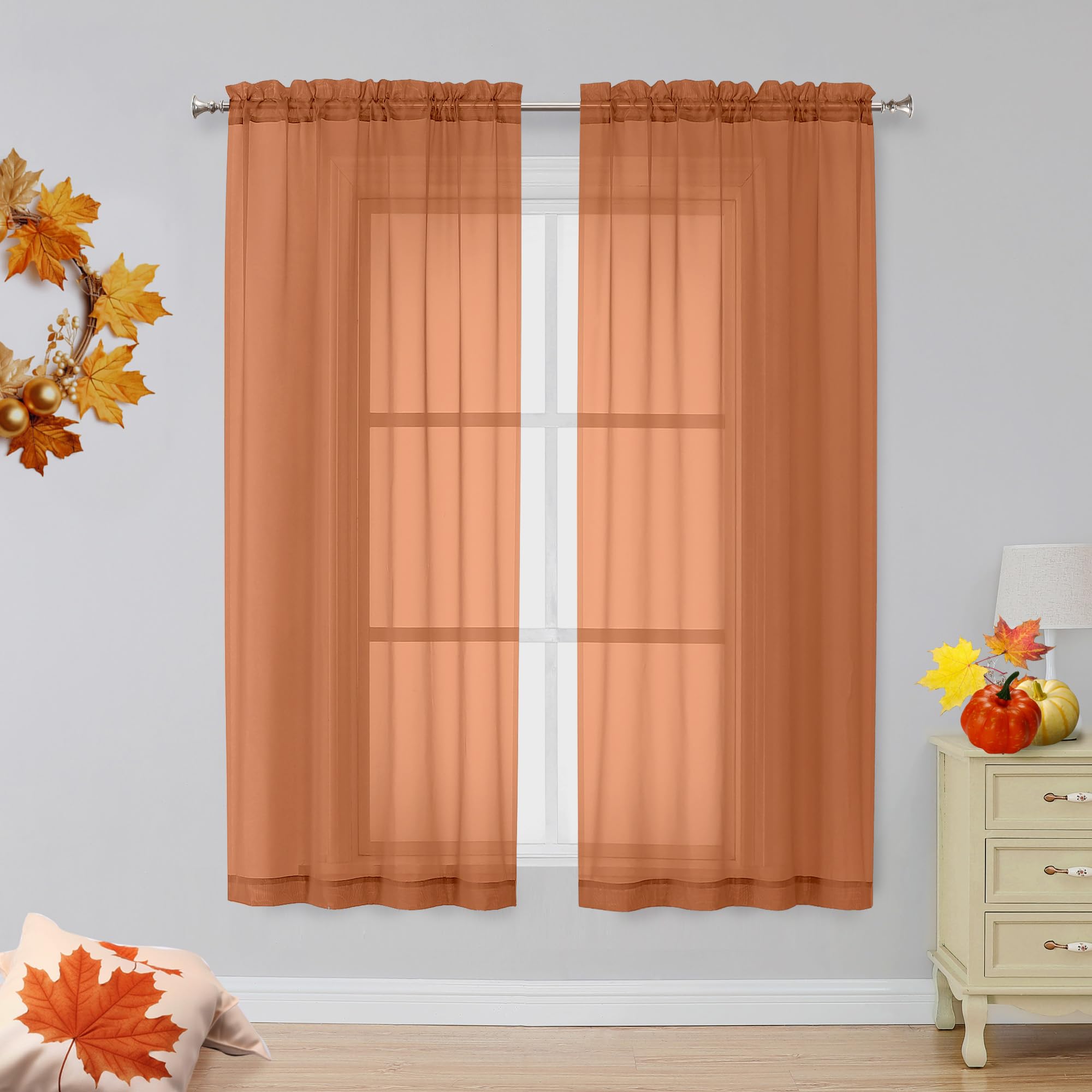 Ovzme Orange Sheer Curtains 63 Inch Length 2 Panels For Bedroom Living Room, Light Filtering Dual Rod Pocket Voile, Each 42 Widt