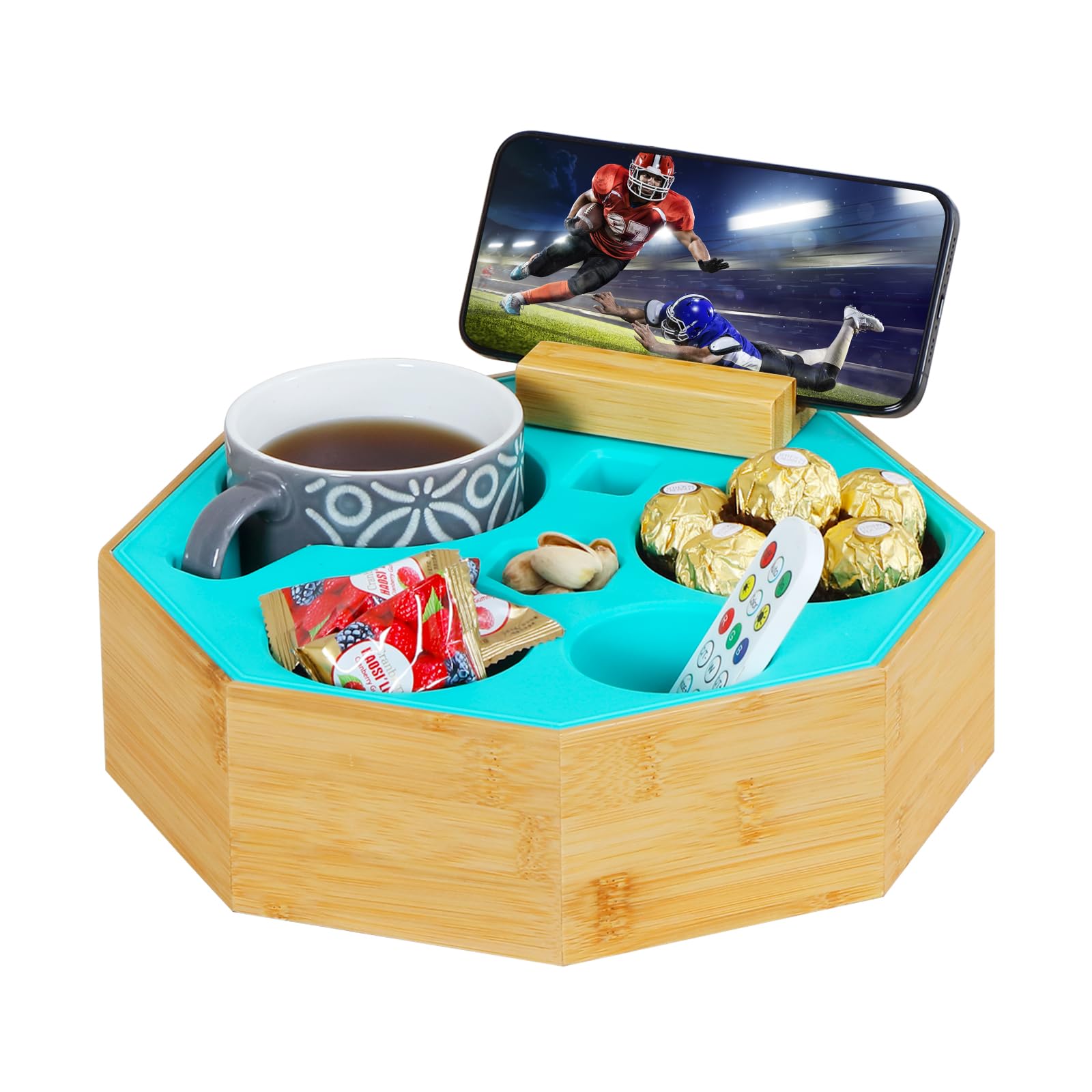 Couch Cup Holder Tray, Hitseon Octagonal Silicone Bamboo Sofa Cup Holder with Removable Phone Holder for Bed Car Organizer, Wate