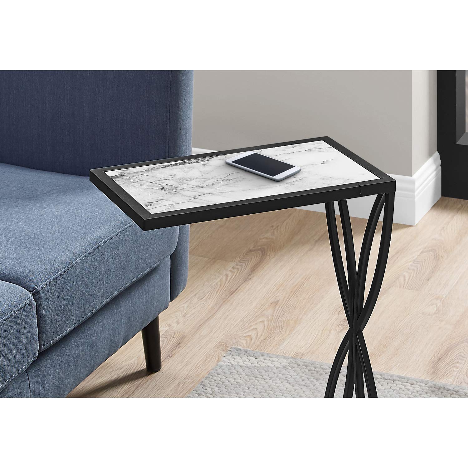 Monarch Specialties 3304 Accent Table, C-Shaped, End, Side, Snack, Living Room, Bedroom, Laminate, Contemporary, Modern Table-25 H/White Marble-Look/Black Metal, 10.25&quot; L X 18.25&quot; W X 25.25&quot; H