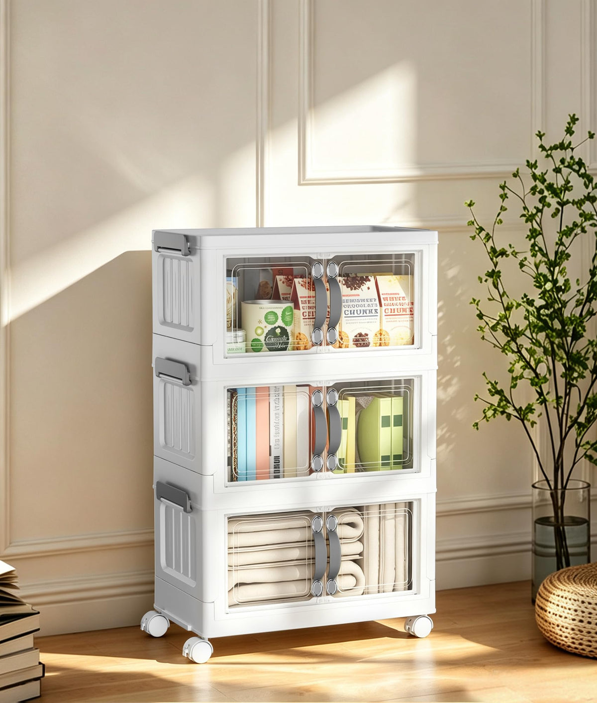 Hanyi 42 QT 3Tier Stackable Storage Bins with Lids, Clear Doors, 4 Wheels