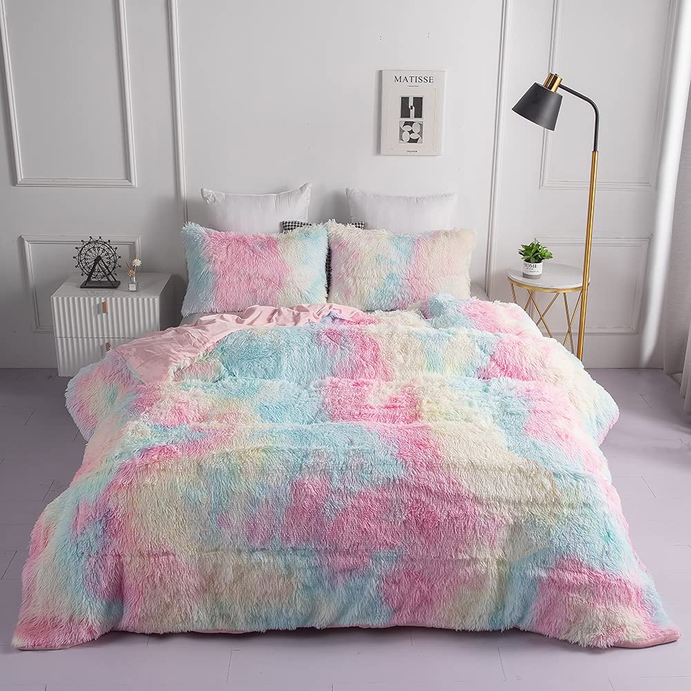 Chovy Faux Fur Plush Tie-Dyed Colorful Pink Comforter Sets Full/Queen - Ultra Soft Shaggy Flannel Velvet Fluffy Fuzzy 3Pc Beddin