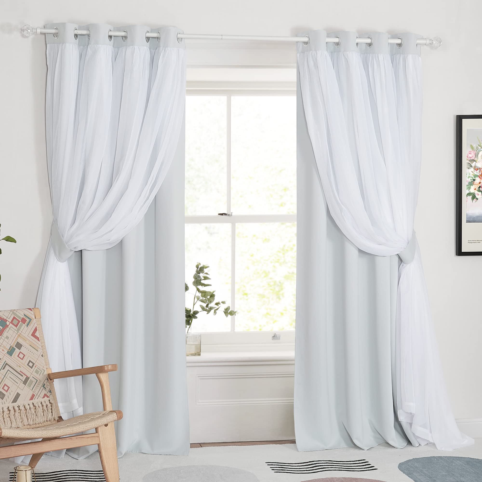 Pony Dance Double Layer Curtains - White Curtains 84 Inches Long With Sheer Overlay Nursery Panels For Bedroom/Living/Dining Roo