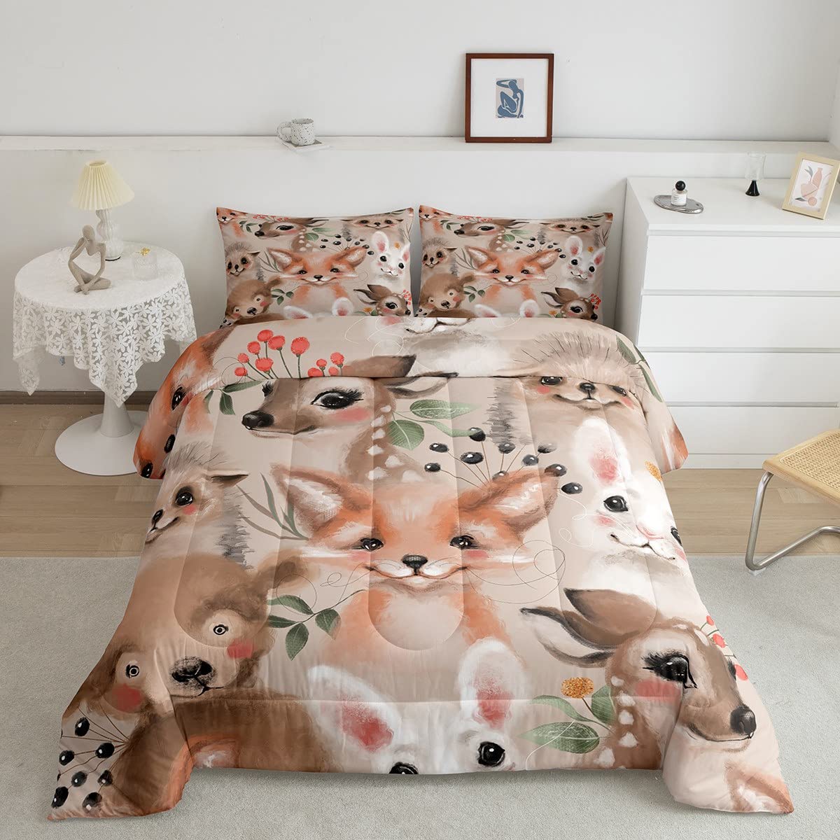 Kawaii Animals Comforter Set Queen Size,Cute Fox Deer Rabbit Bedding Set Kids Young Man,Plants Leaves Comforter For Teen Child Room Decor,Animal Home Quilted Duvet Set With 2 Pillowcase