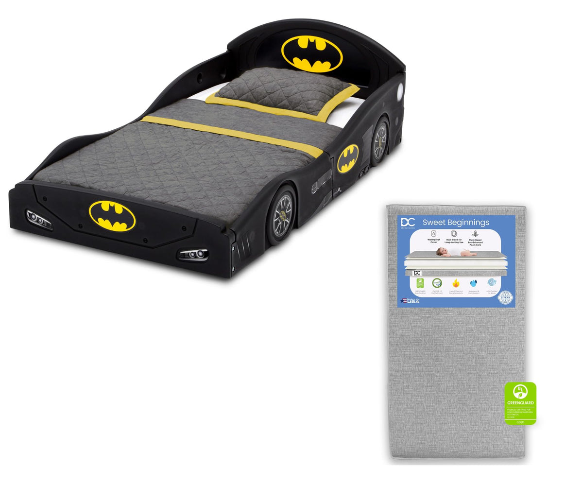 Delta Children Dc Comics Batman Batmobile Car Deluxe Toddler Bed With Attached Guardrails Sweet Beginnings Dual Sided Crib Mattr