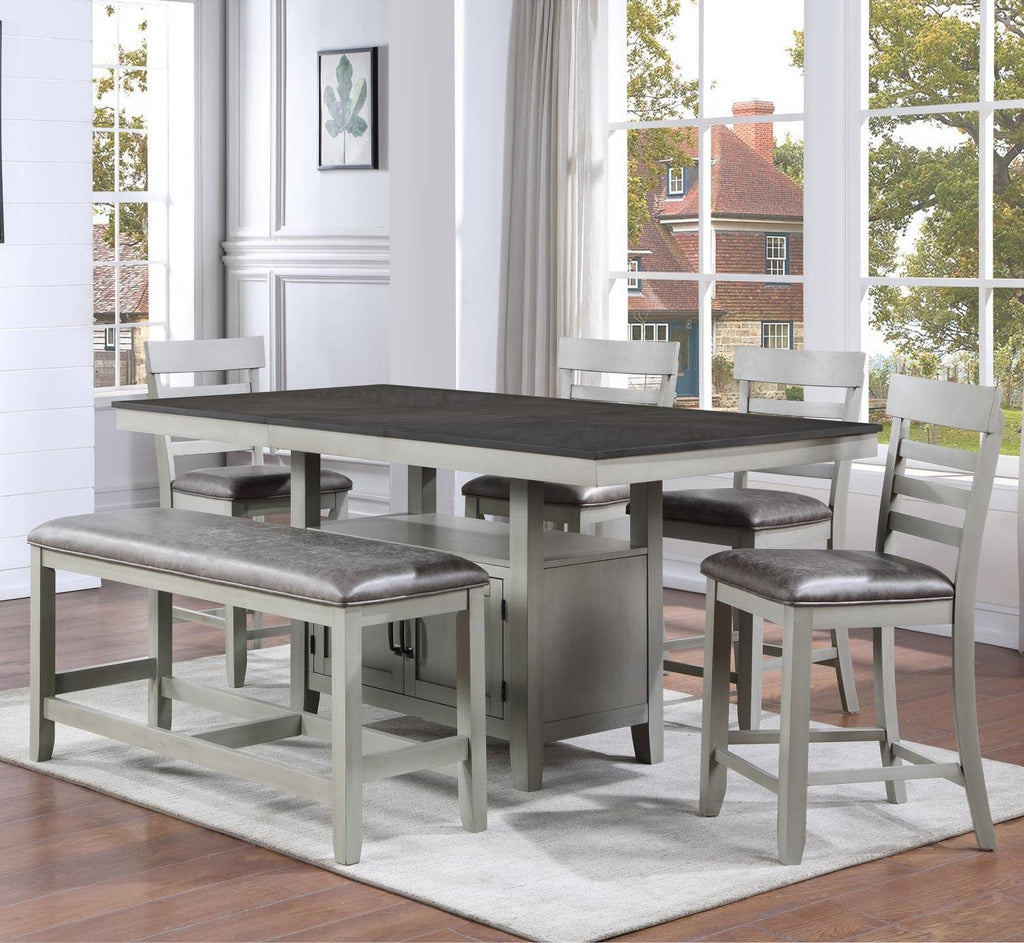 Steve Silver Furniture Hyland 7pc Rectangular Dining Set w/Server, 60 to 80-Inch Table w/ 20-Inch Leaf, 4 Vegan Leather Chairs, and Vegan Leather Bench, Dining Room, 60" L x 42" W x 36" H, Grey