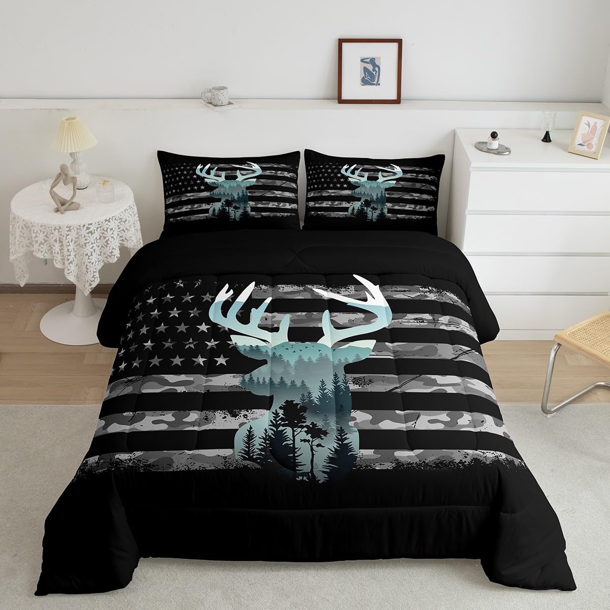 Feelyou Deer Hunting Comforter Set Toddler, Camo Deer Hunting Bedding Set For Kids Forest Smoky Deer Comforter American Flag Dee