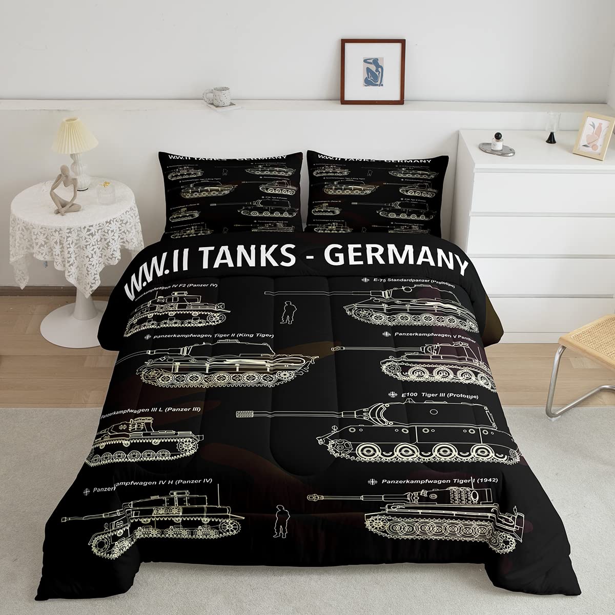 Tank Comforter Set Full, War Theme Bedding Set, Soldier Dirt Bike Camouflage Army Acting Down Comforter For Kid Boy Teen Men,Cam