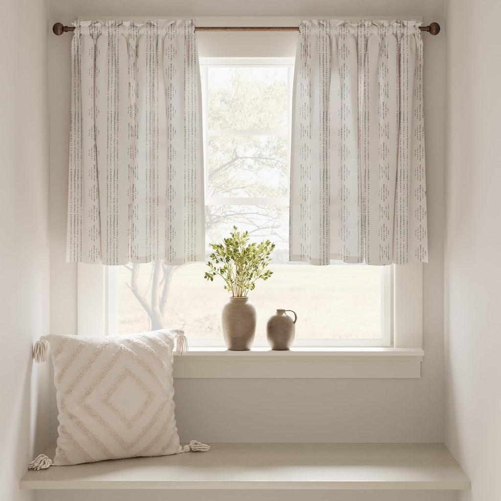 Jinchan Boho Kitchen Curtains Linen Tier Curtains 24 Inches Bohemian Small Cafe Curtains Gray Striped Farmhouse Curtains For Bat