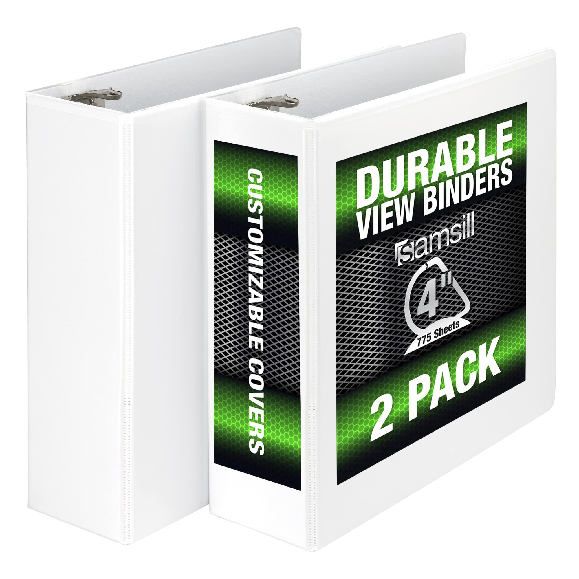 Samsill Durable 4 Inch Binder, Made In The Usa, Locking D Ring Customizable Clear View Binder, White, 2 Pack, Each Holds 775 Pag