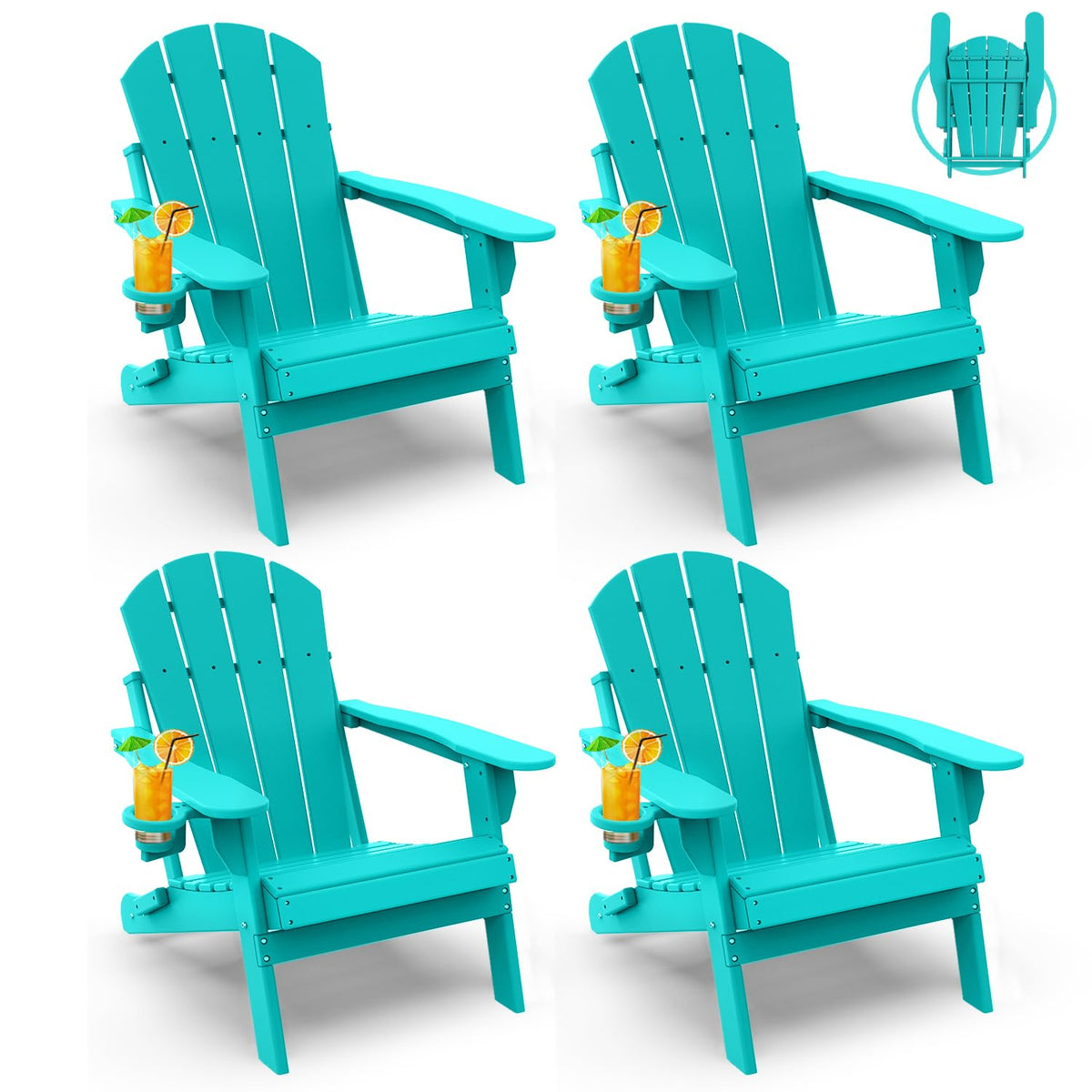 Greenvines Folding-Adirondack-Chairs-Set-Of-4 | Hdpe All-Weather | Firepit Chair | Cup Holder | Aqua | For Campfire Deck Backyard Patio Outdoor Poolside Lawn