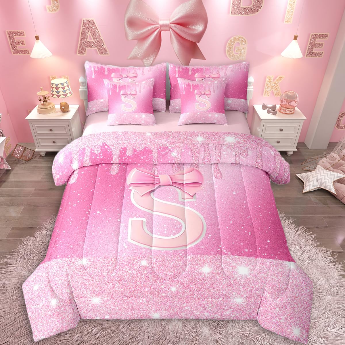 Feelyou Pink Bow Comforter Set with Sheets 7 Piece Full Size Initials Decor Bedding Set Gifts for Women Girl Personalized Letter