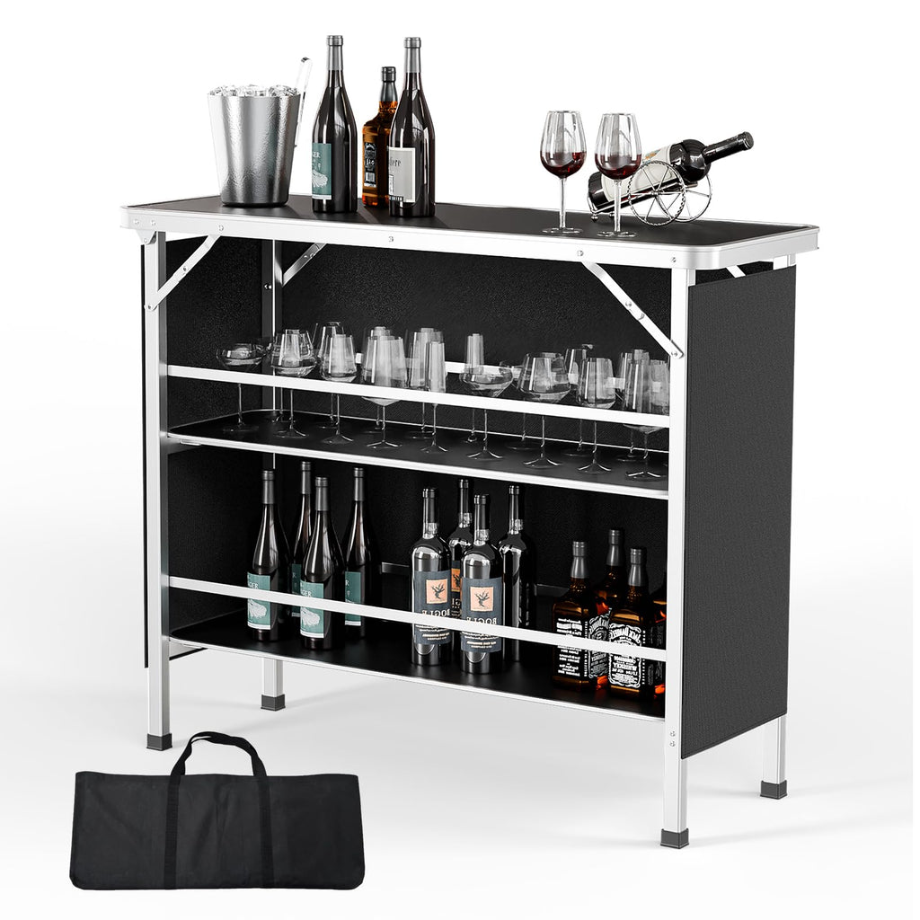 Vingli 43' Portable Bar Table, 3-Tier Shelves, Carry Bag,Mobile Bar Table For Events, Party, Camping, Picnic, Tradeshow, Outdoor & Indoor With Black Skirt(2, 43') (2) (Black-1P, 43')