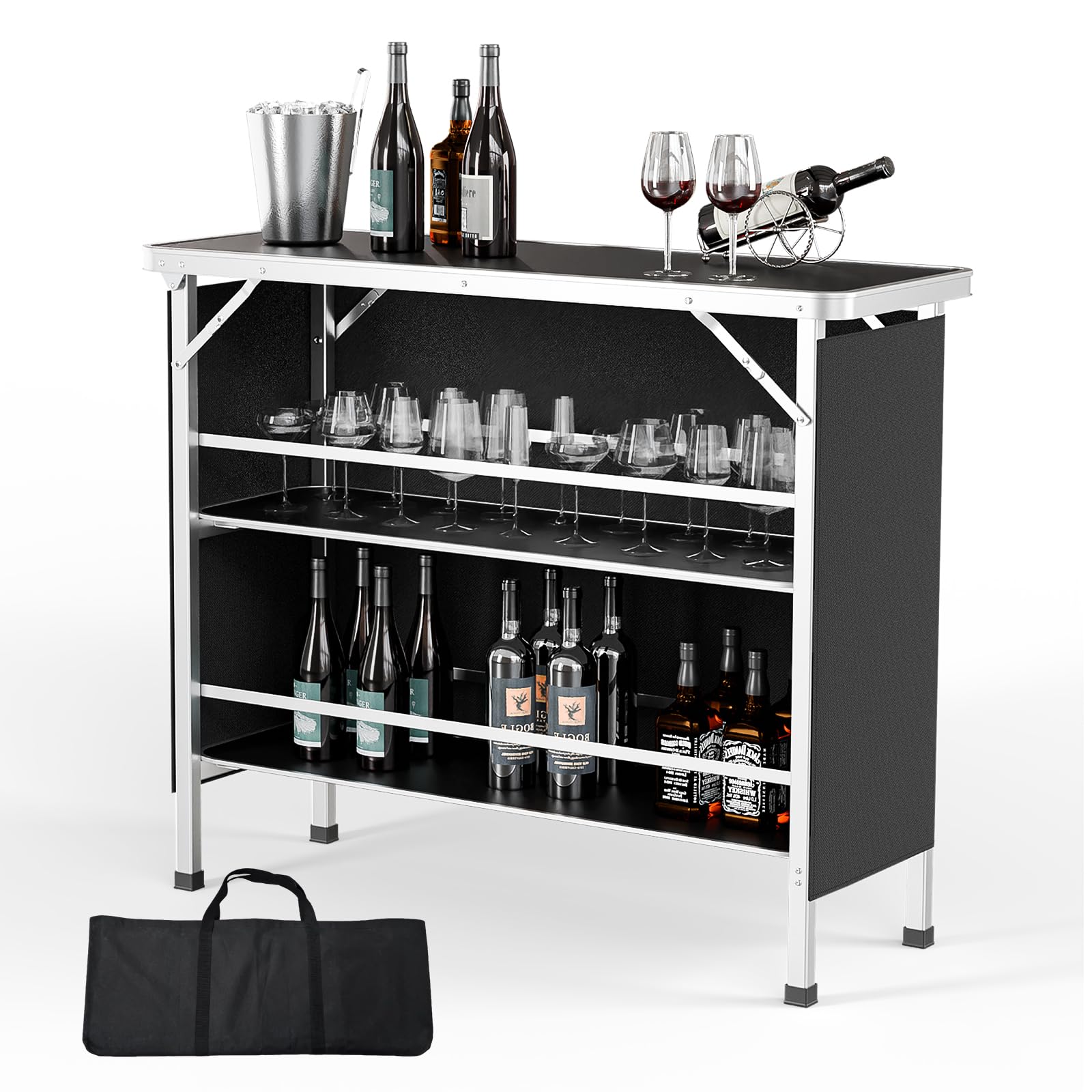 Vingli 43' Portable Bar Table, 3-Tier Shelves, Carry Bag,Mobile Bar Table For Events, Party, Camping, Picnic, Tradeshow, Outdoor & Indoor With Black Skirt(2, 43') (2) (Black-1P, 43')