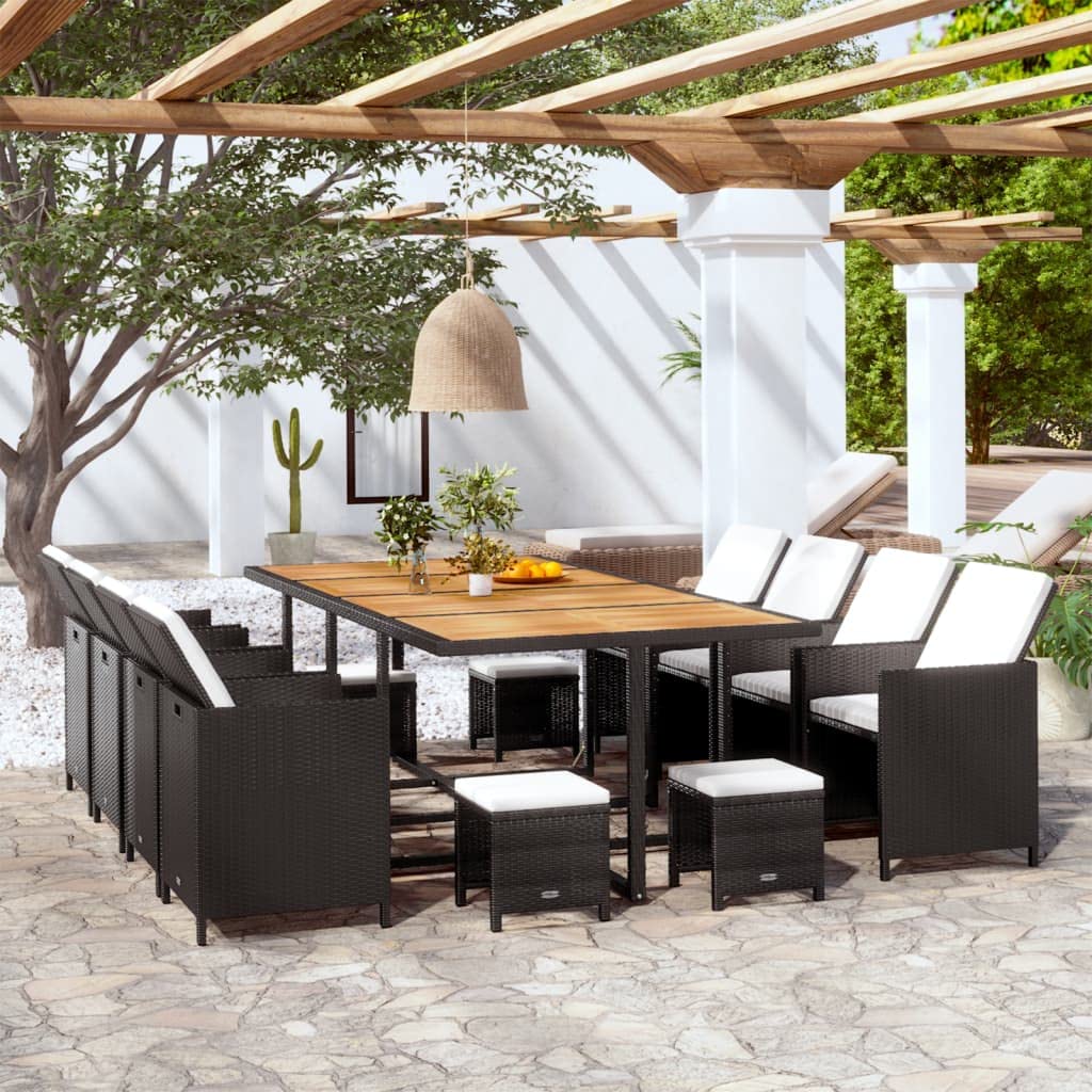vidaXL Patio Dining Set 13 Piece, Table and Chair for Garden Balcony Porch, Outdoor Dining Set with Cushions, Poly Rattan and Acacia Wood Black