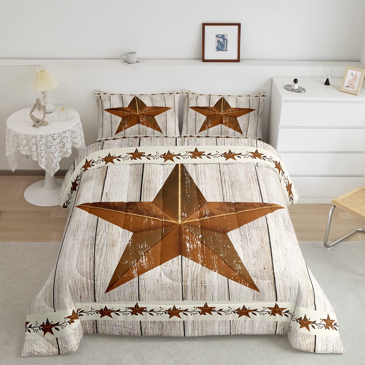 Western Texas Star Kids Comforter Set Queen Size,Old Wooden Plank Vintage Bedding Set,Girls Boys Adults Bedroom Decor,Cowboy Rus
