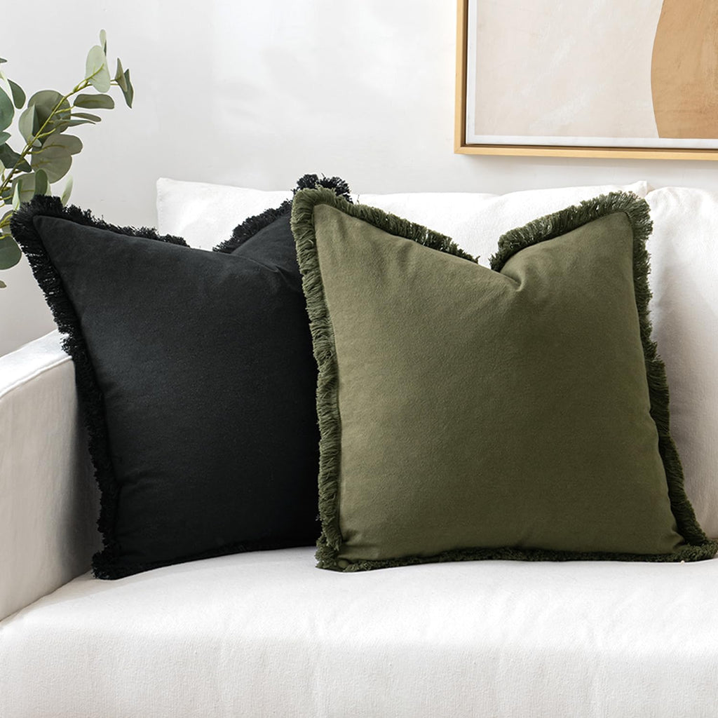 Miulee Pillow Covers Boho Farmhouse 18X18 Set Of 2 Decorative Olive Green Couch Pillow Covers With Fringe Chic Cotton Throw Pillows Home Decor Accents For Spring Cushion Sof Bed Living Room