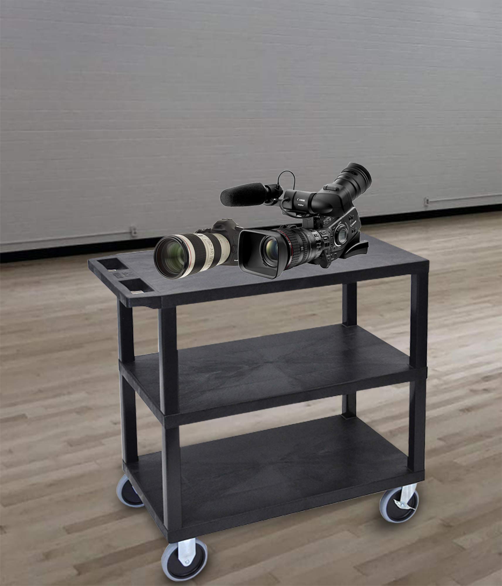 LUXOR EC222HD-B 32" x 18" Cart - Three Flat Shelves, Multipurpose Utility Cart, Four 5" Casters, Two Fixed Non-Locking Casters, Two Full-Swivel Casters with Locking Brake