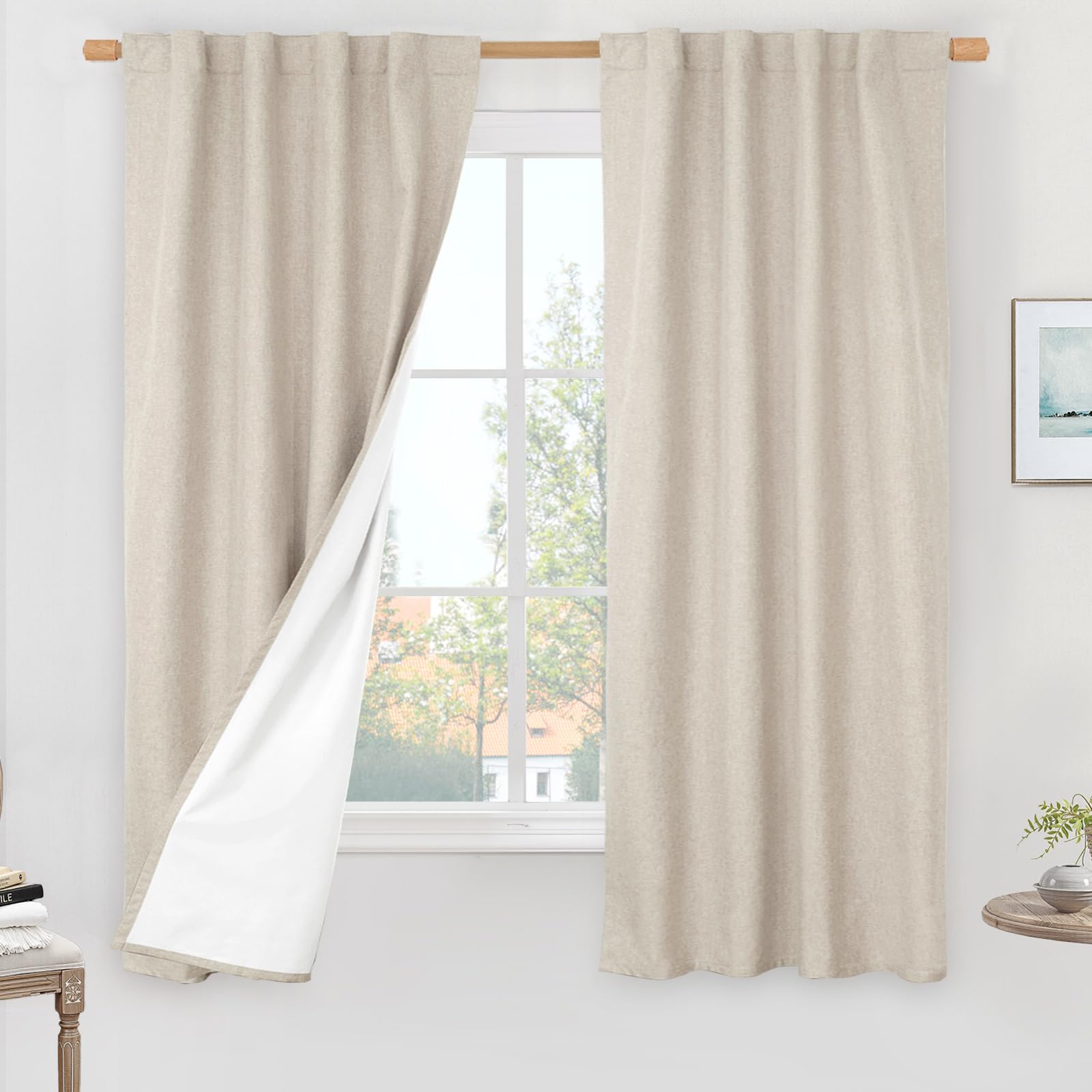 LAMIT Oatmeal 100% Blackout Linen Curtains, 63 Inches Linen Textured Thermal Bedroom Curtains Back Tab and Rod Pocket Neutral Pa
