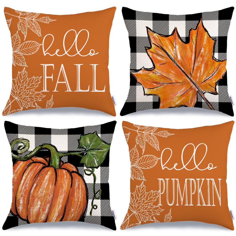 Fall Pillow Covers 18X18 Set Of 4 For Fall Decor Buffalo Plaid Pumpkin And Maple Leaves Outdoor Pillows Decorative Throw Pillows