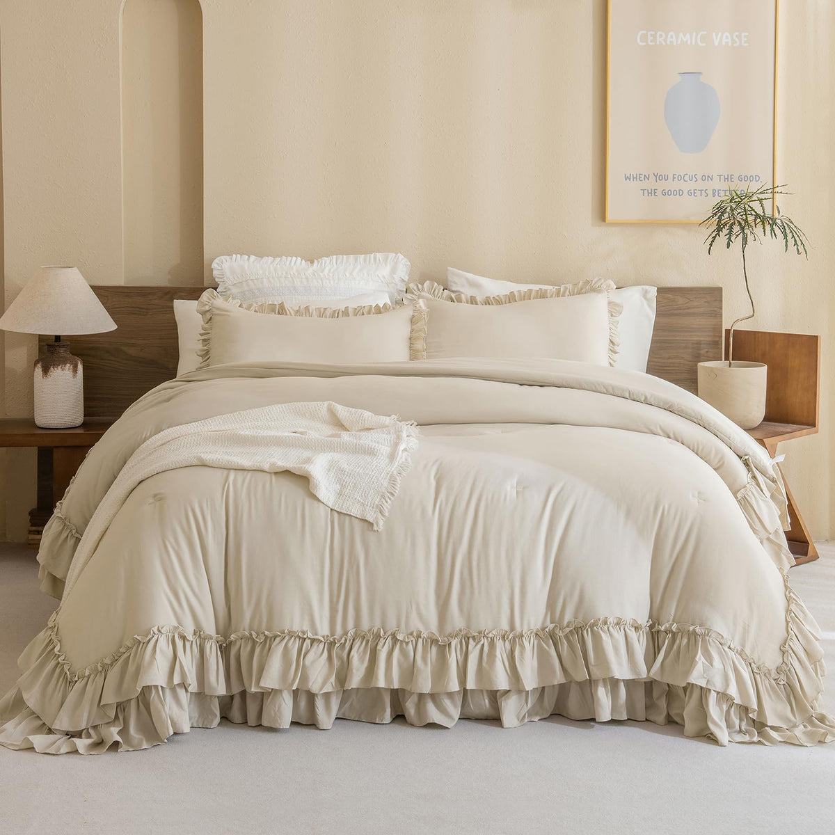 Masaca Ruffled Comforter Set Queen,3-Piece Farmhouse Shabby Boho Chic Bedding,Ultra Soft Fluffy Ruffle Bed Comforter Set (1 Whea