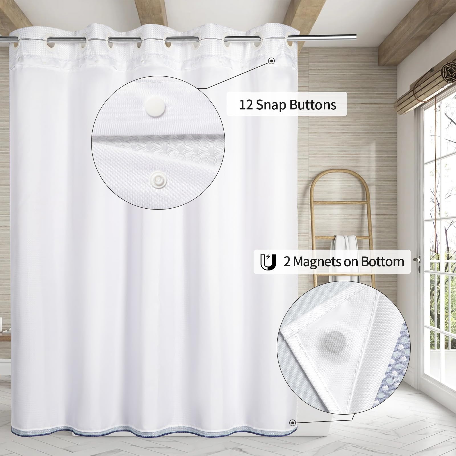 Mitovilla No Hooks Required Navy Blue Shower Curtain With Snap-In Liner, Modern Blue Ombre Waffle Weave Heavy Duty Fabric Shower
