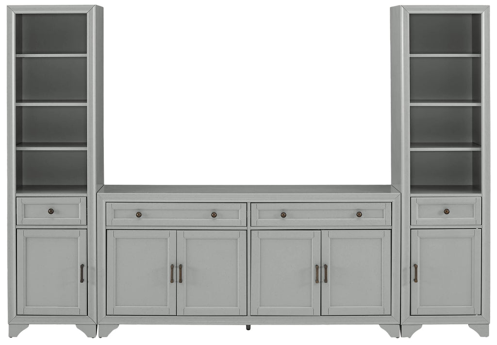 Crosley Furniture Tara 3-Piece Entertainment Center with TV Stand, Bookshelves, and Storage Shelves, Distressed Gray