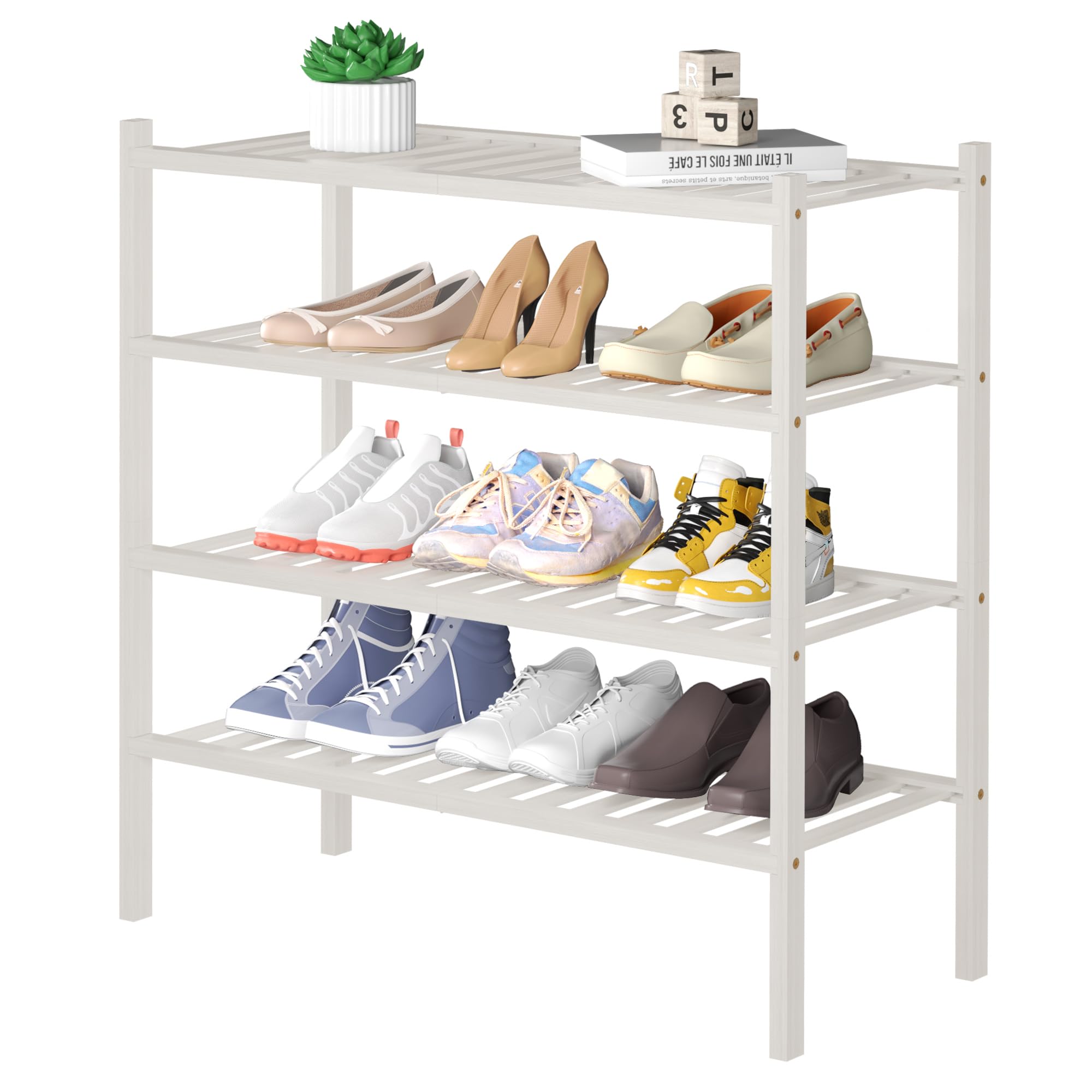 Romguar Craft 4 Tier Bamboo Shoe Rack For Closet Free Standing Wood Shoe Shelf For Entryway Small Space Stackable 27'X11'X26' (White)