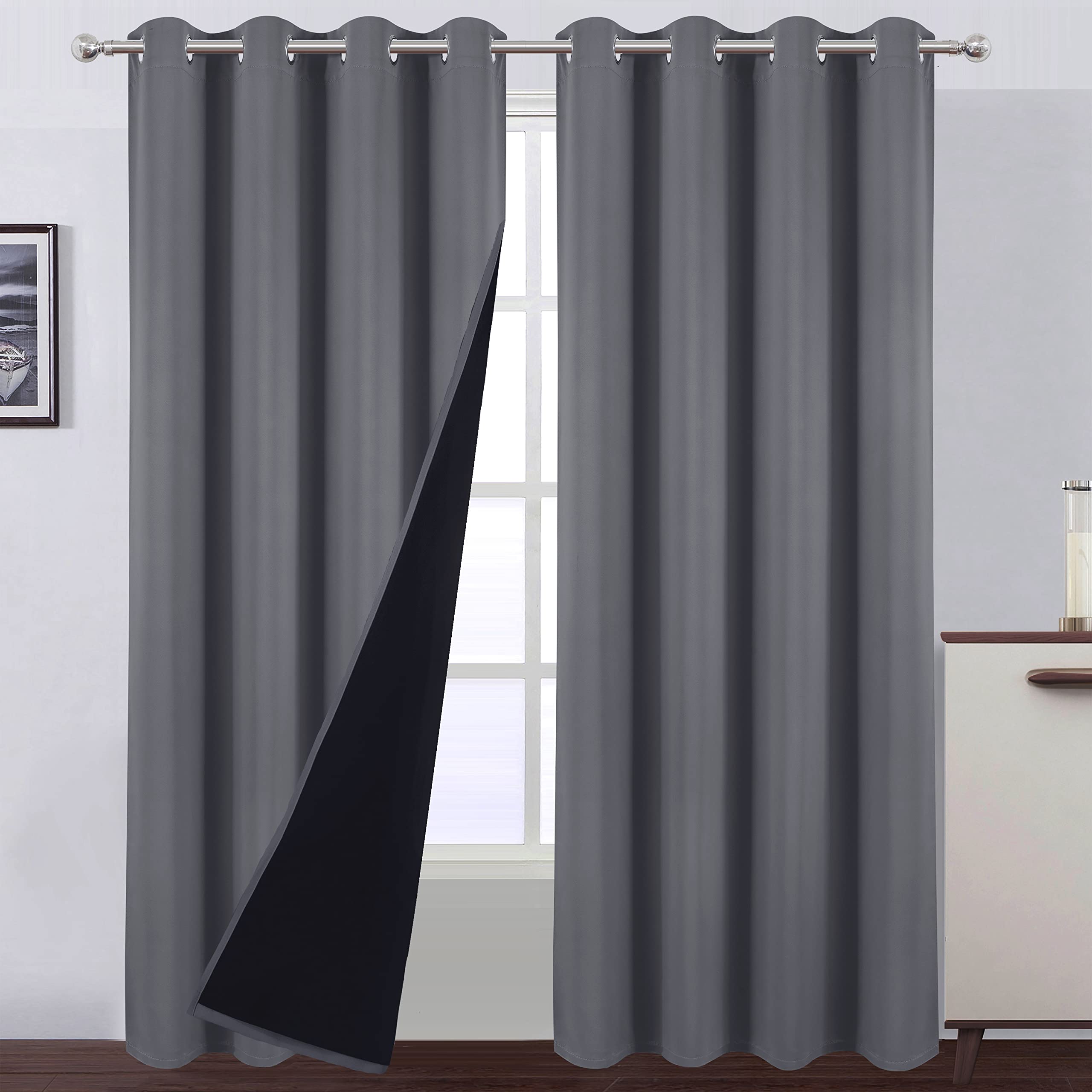Lemomo 100% Blackout Curtains 52 X 84 Inch/Grey Curtains 2 Panels With Black Lining Room Darkening Thermal Insulated Bedroom Cur