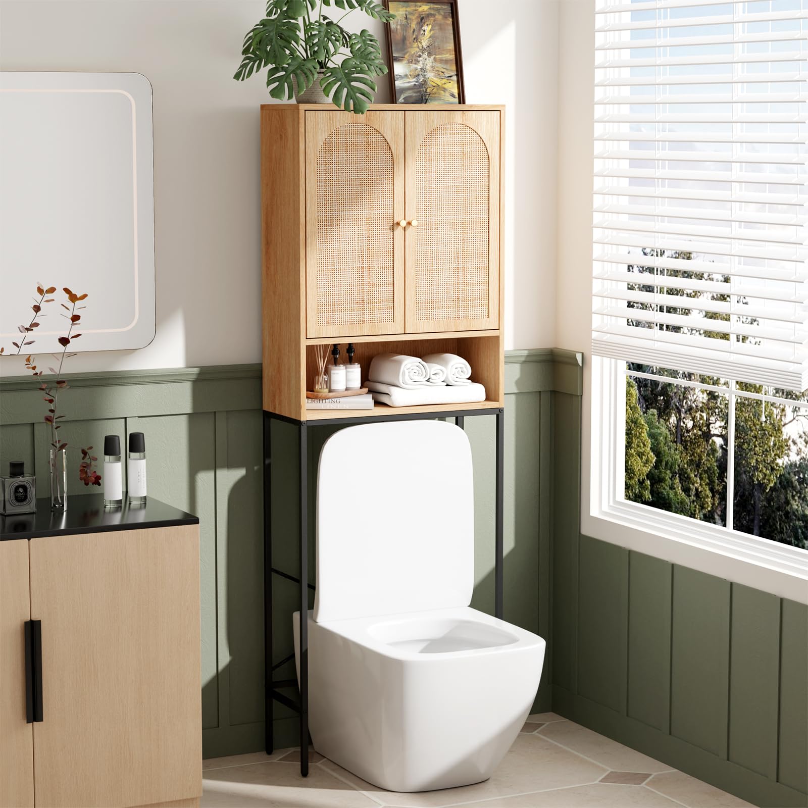 VINGLI Over The Toilet Storage Cabinet, Rattan Bathroom Organizer Behind Toilet,Above Metal Stand Rack Tall Freestanding Wood Ca