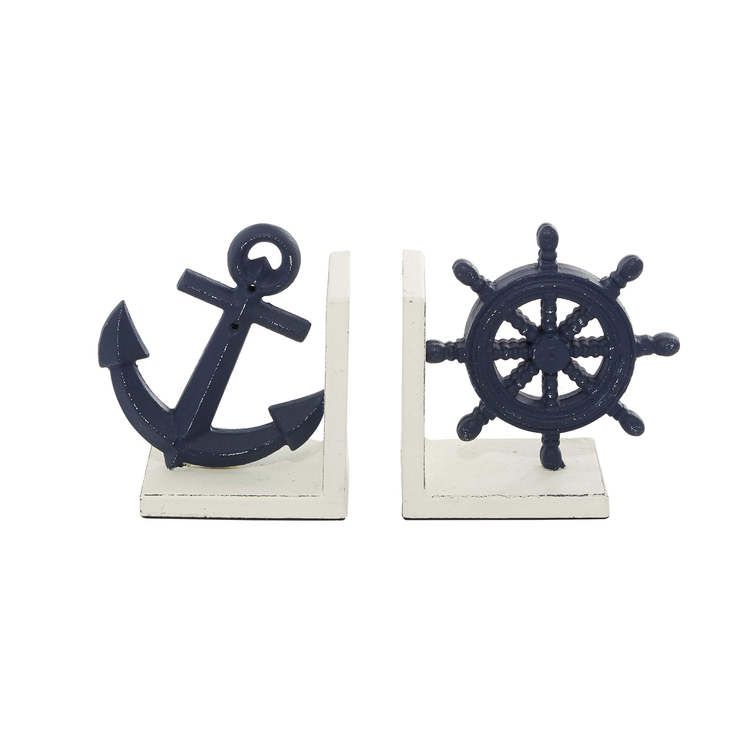 Deco 79 Metal Anchor And Ship Wheel Bookends, Set Of 2 6''W, 6''H, Blue