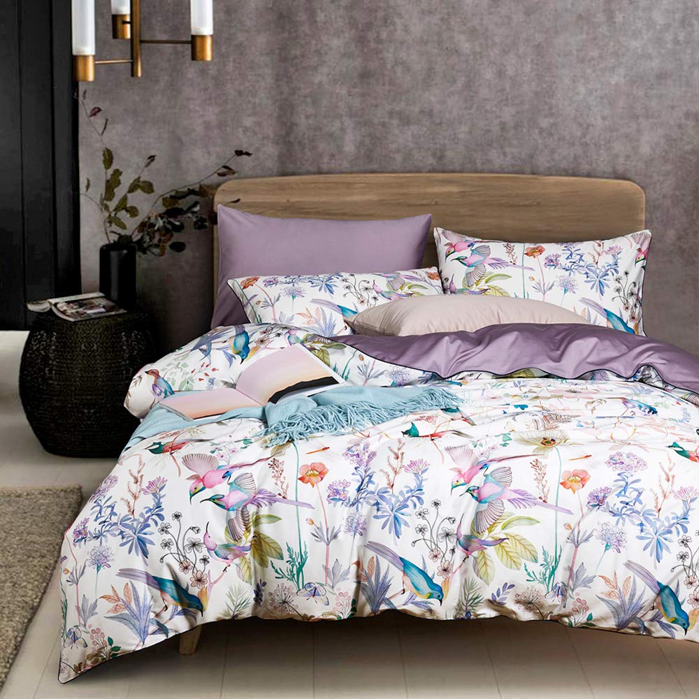 Vm Vougemarket Multi Color King Duvet Cover Set With Floral Bird Pattern,White Purple Bedding Set,Lightweight Elegant Botanical