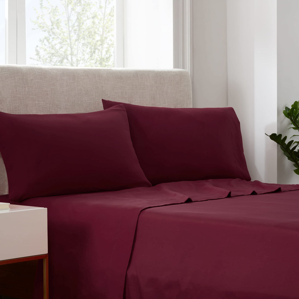 Serta Simply Clean Super Soft Hypoallergenic Stain Resistant Deep Pocket 3 Pieces Solid Bed Sheet Set, Twin, Burgundy