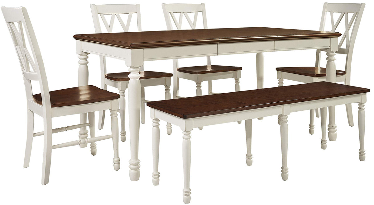 Crosley Furniture Shelby 6-Piece Traditional Dining Table Set for 7 with 4 Chairs and a Wood Bench, Distressed White