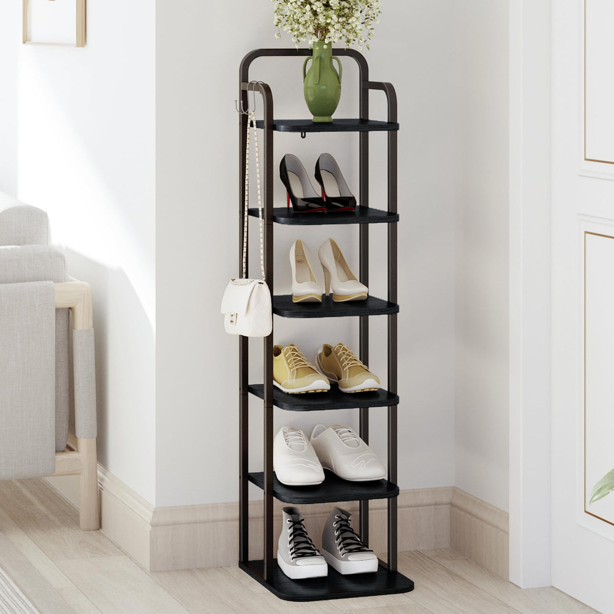 Hzuaneri Vertical Shoe Rack, Shoe Shelves, Wood Shoe Organizer For Closet, Entryway, Shoe Tower For Small Spaces, Free Standing, Adjustable, With 2 Hooks, 6 Tier Black Sr04204B