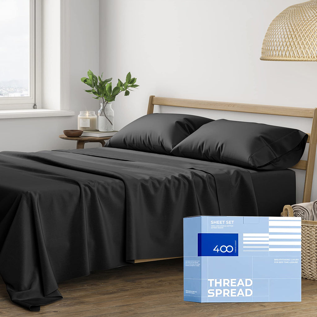 Thread Spread Twin Sheets Set Cotton - 400 Thread Count 100% Cotton Twin Sheet Set, 3 Pc Twin Sheets, Cooling & Luxury Sateen Sheets, Dorm Rooms & Adults, Deep Pockets Easy Fit, Cotton Sheets (Black)