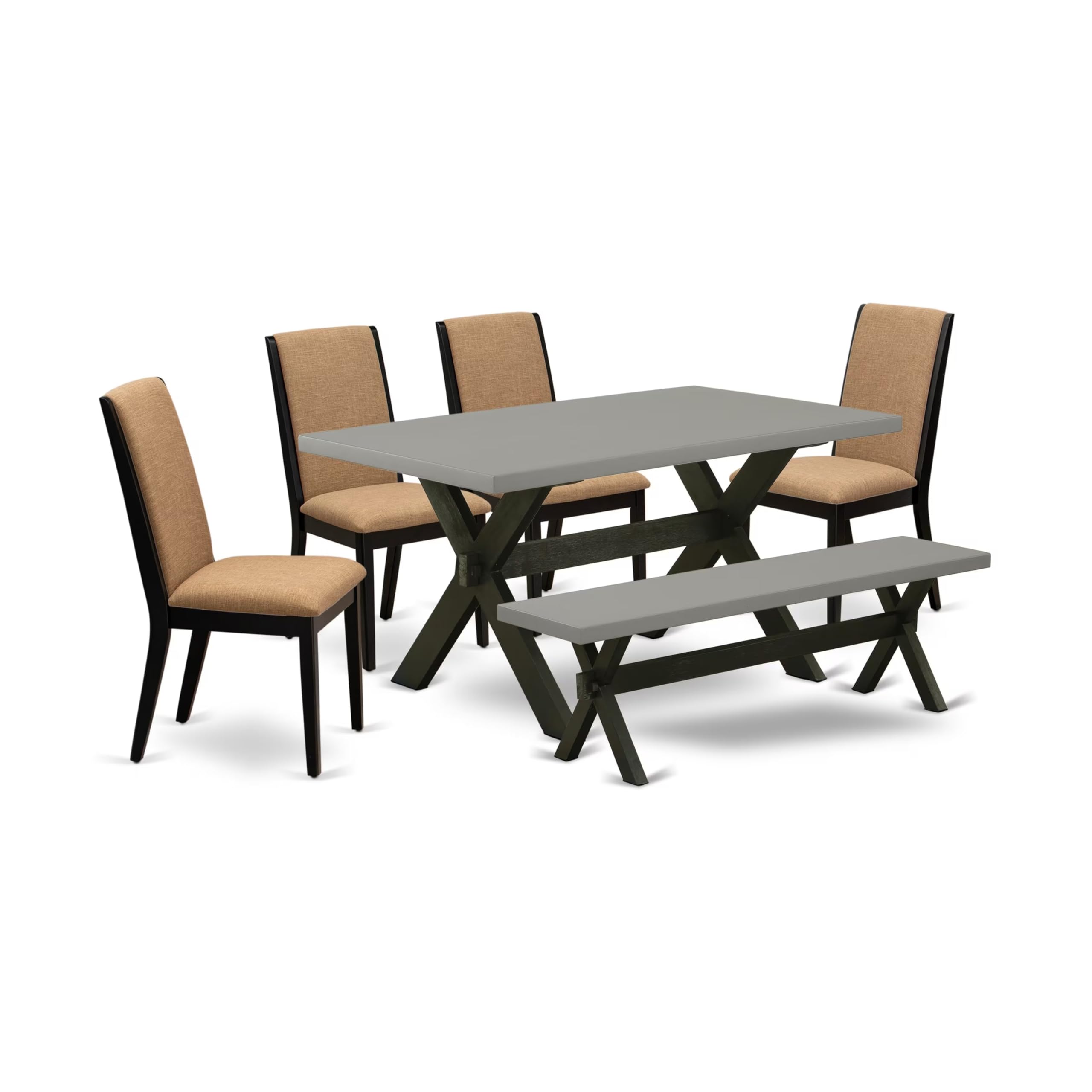 East West Furniture X696La147-6 6 Piece Dining Table Set Contains A Rectangle Table With X-Legs And 4 Light Sable Linen Fabric Upholstered Chairs With A Bench, 36X60 Inch, Multi-Color
