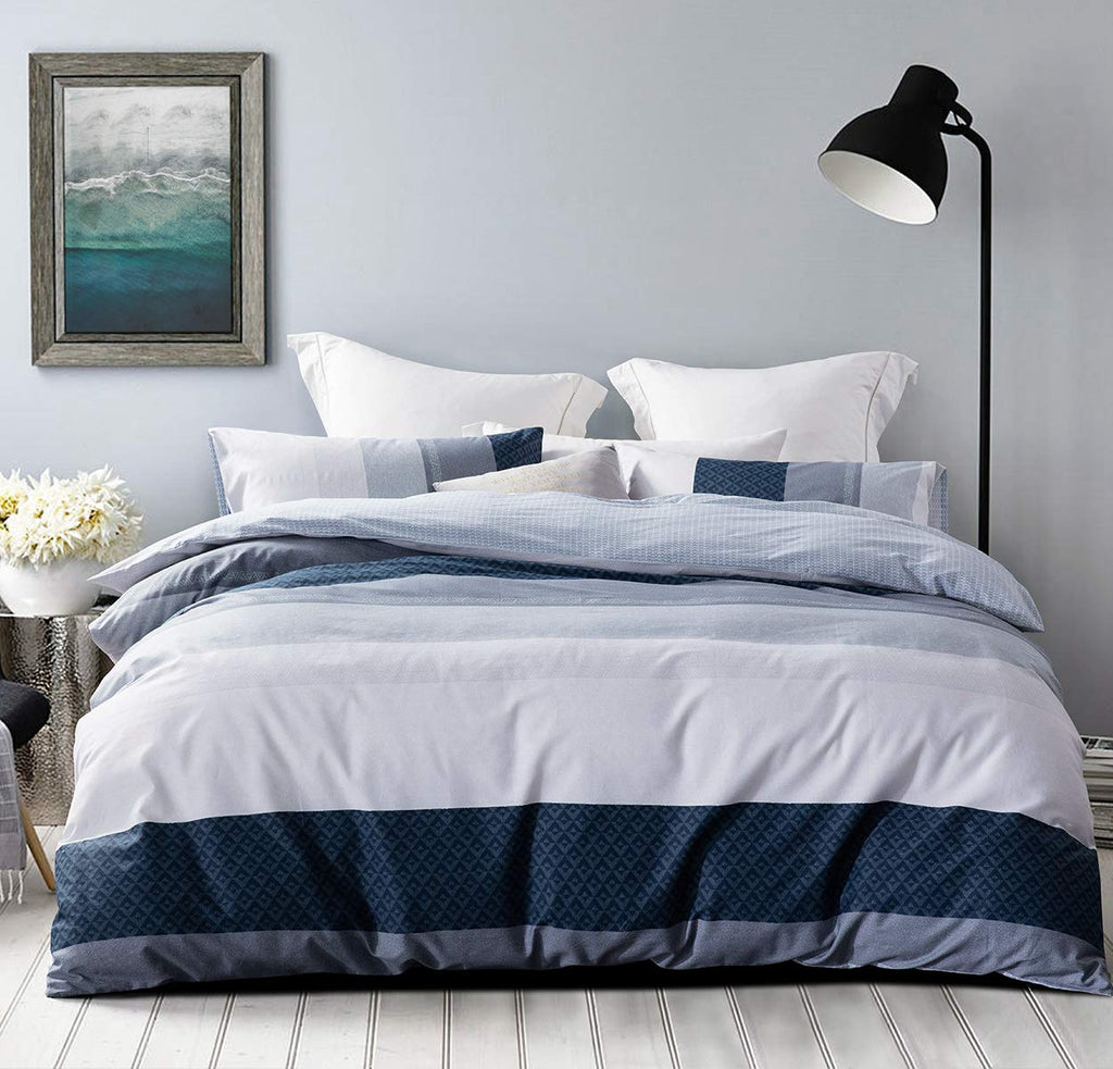 Duvet Cover Set, 600 Thread Count Cotton White and Navy Striped Patchwork Comforter Cover Set Reversible Quilt Cover (King, Gree