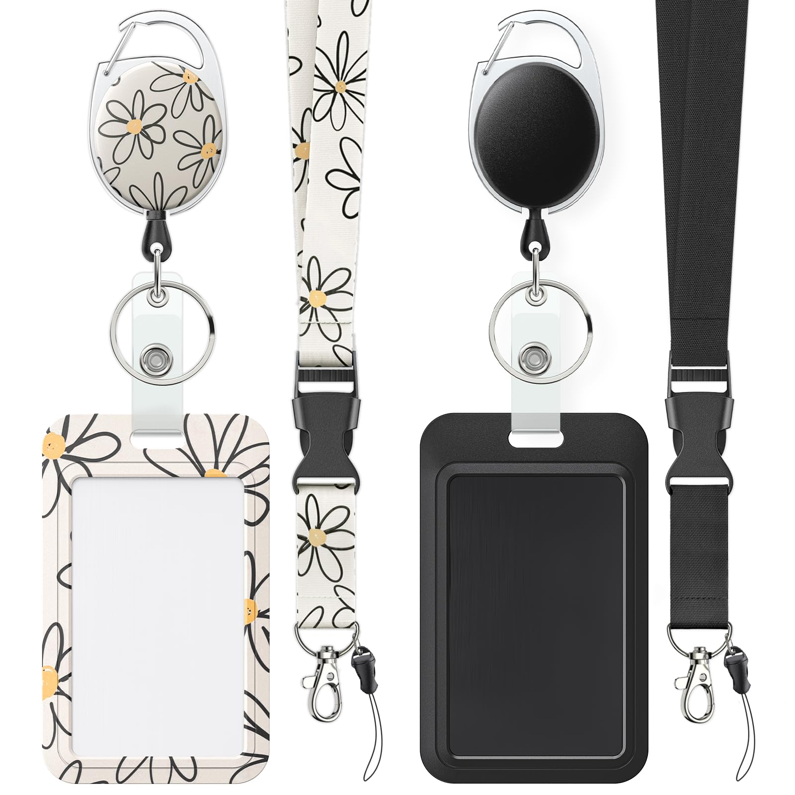 Uniclife 2 Pack Floral Sliding Badge Holder Flower Plastic Case With Retractable Badge Reel Carabiner Clip And Detachable Lanyar